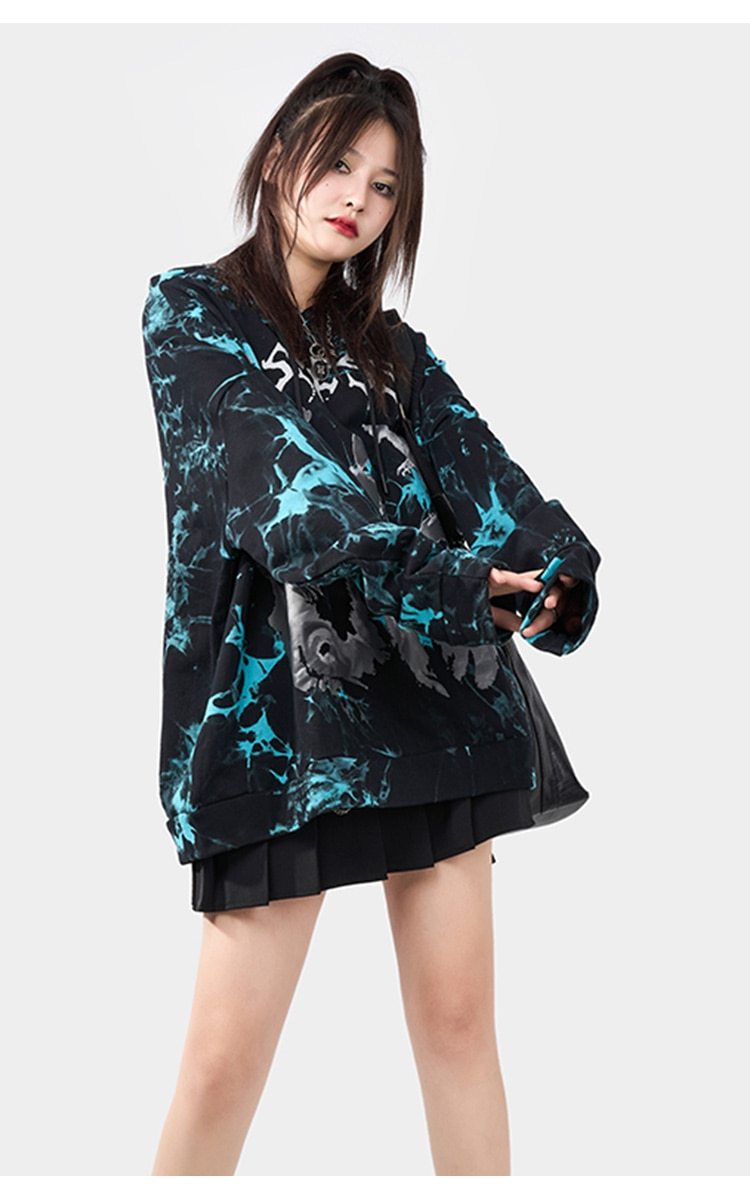 Men's oversized hoodie featuring a vibrant watercolor tie dye print in blue and red, perfect for autumn and winter streetwear.