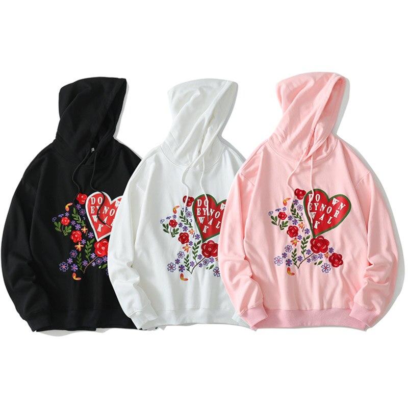 Men's hoodie featuring rose flower heart-shaped embroidery, cozy oversized fit, available in black, white, and pink.
