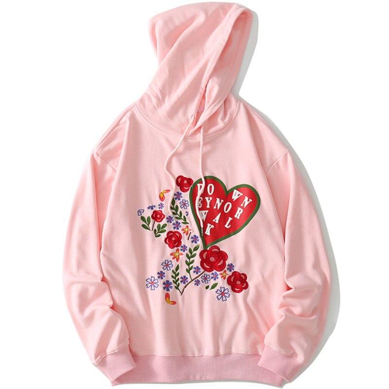 Men's hoodie featuring rose flower heart-shaped embroidery, cozy oversized fit, available in black, white, and pink.
