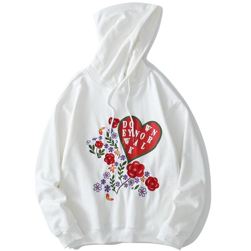Men's hoodie featuring rose flower heart-shaped embroidery, cozy oversized fit, available in black, white, and pink.