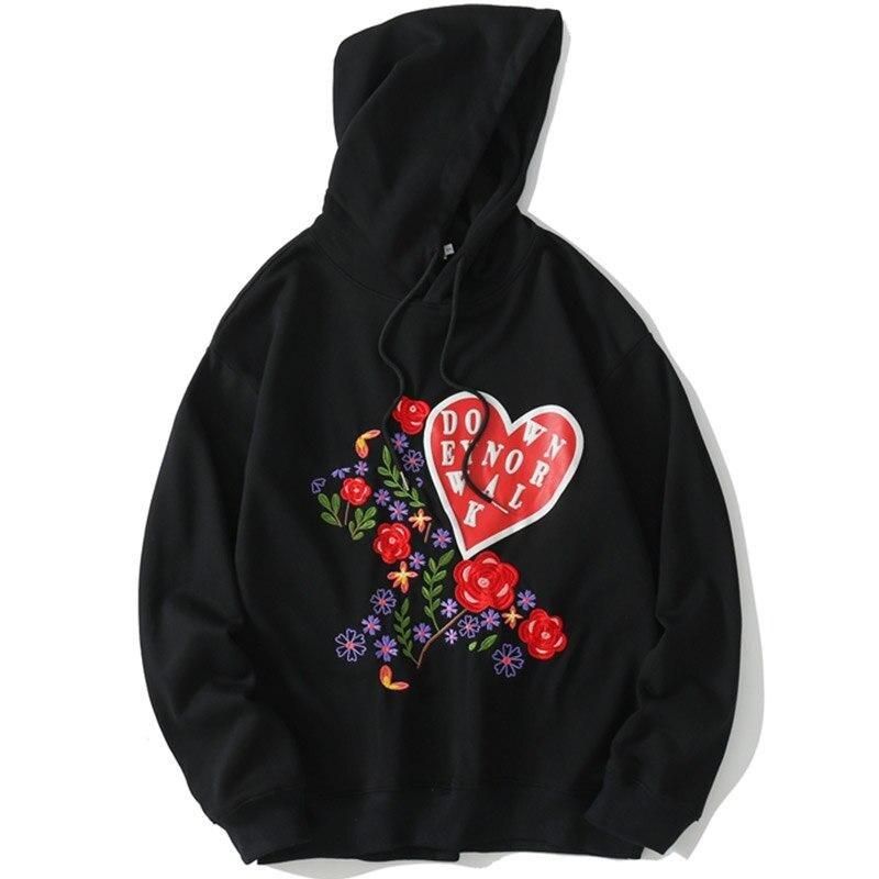 Men's hoodie featuring rose flower heart-shaped embroidery, cozy oversized fit, available in black, white, and pink.