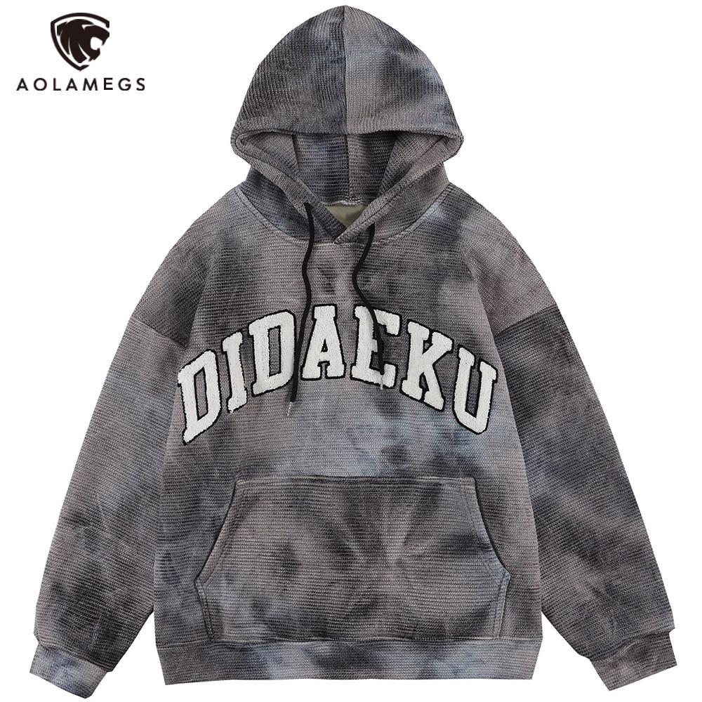 Men's tie dye hoodie with letter print, fleece material, and hooded design in gray and yellow colors.