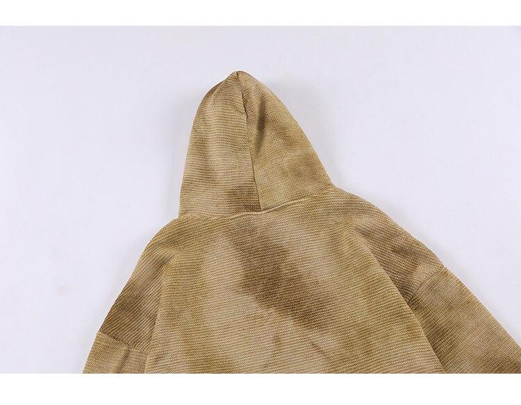 Men's tie dye hoodie with letter print, fleece material, and hooded design in gray and yellow colors.