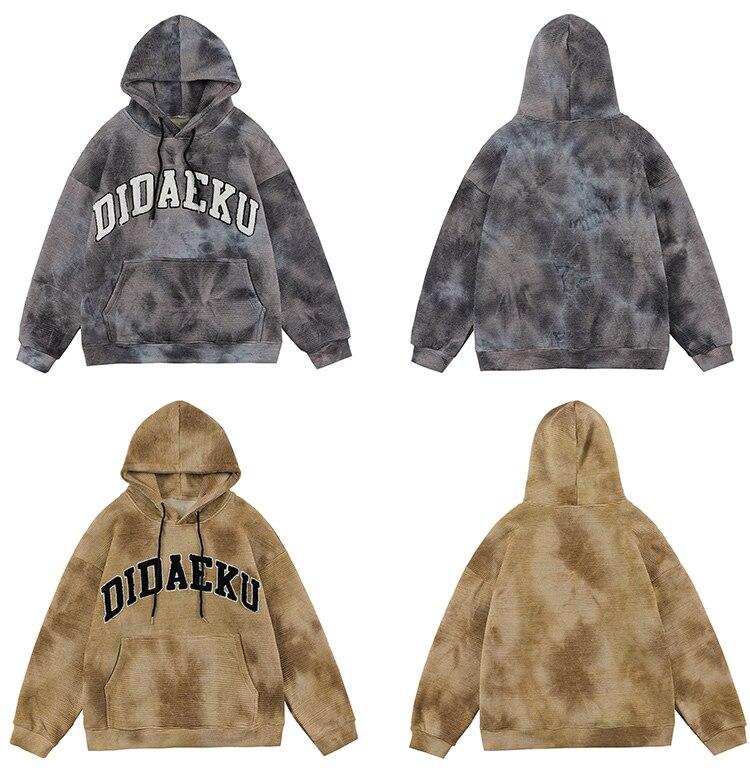 Men's tie dye hoodie with letter print, fleece material, and hooded design in gray and yellow colors.