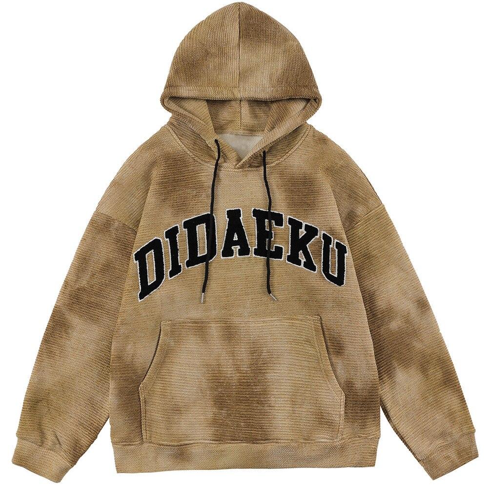 Men's tie dye hoodie with letter print, fleece material, and hooded design in gray and yellow colors.