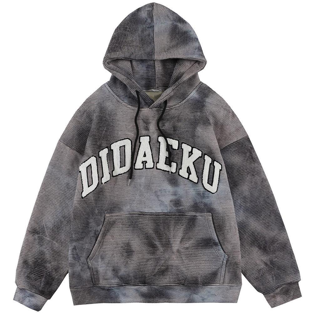 Men's tie dye hoodie with letter print, fleece material, and hooded design in gray and yellow colors.
