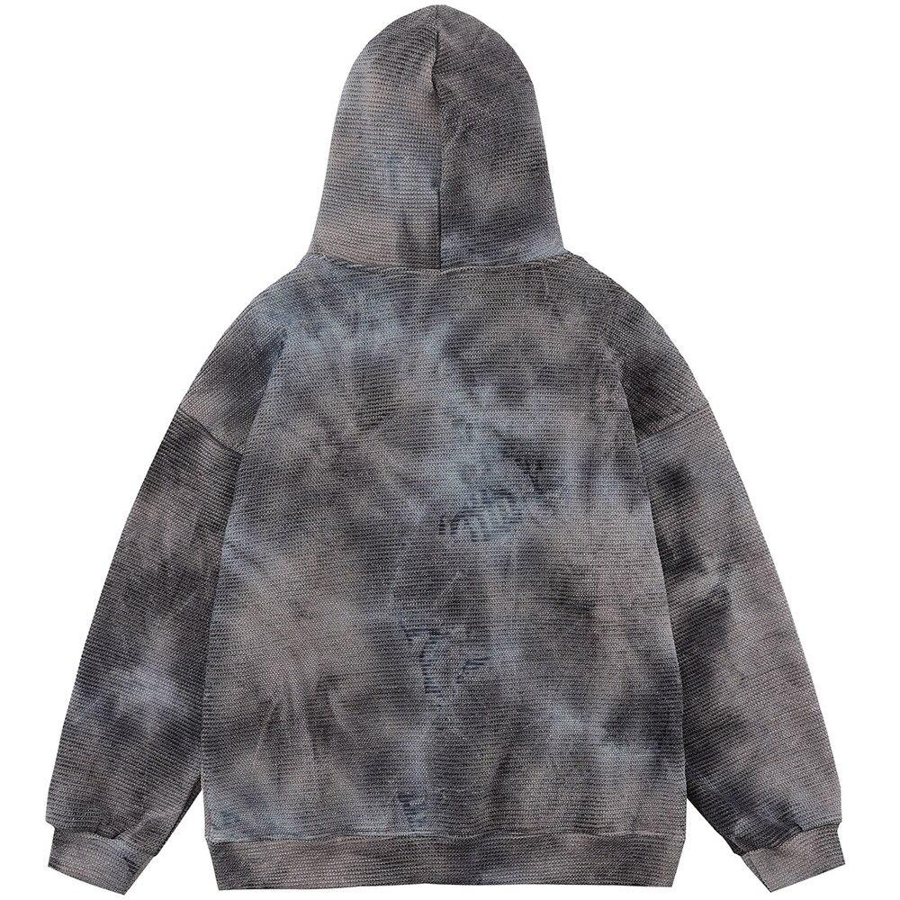Men's tie dye hoodie with letter print, fleece material, and hooded design in gray and yellow colors.