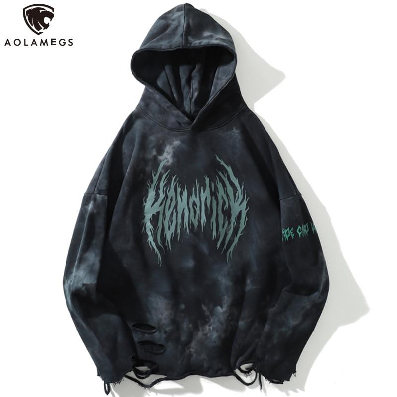 Men's tie-dye punk graphic hoodie with ripped details, perfect for autumn streetwear.