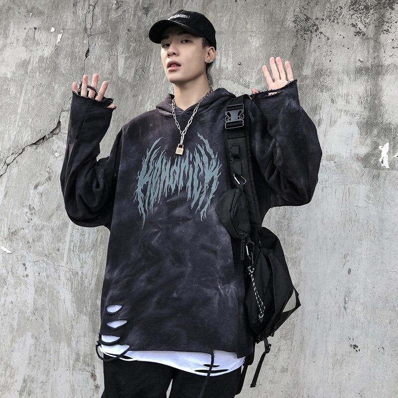 Men's tie-dye punk graphic hoodie with ripped details, perfect for autumn streetwear.
