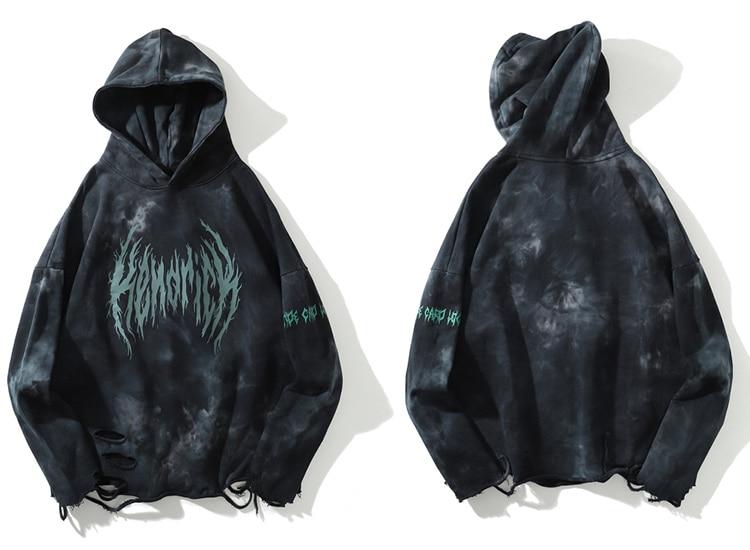 Men's tie-dye punk graphic hoodie with ripped details, perfect for autumn streetwear.