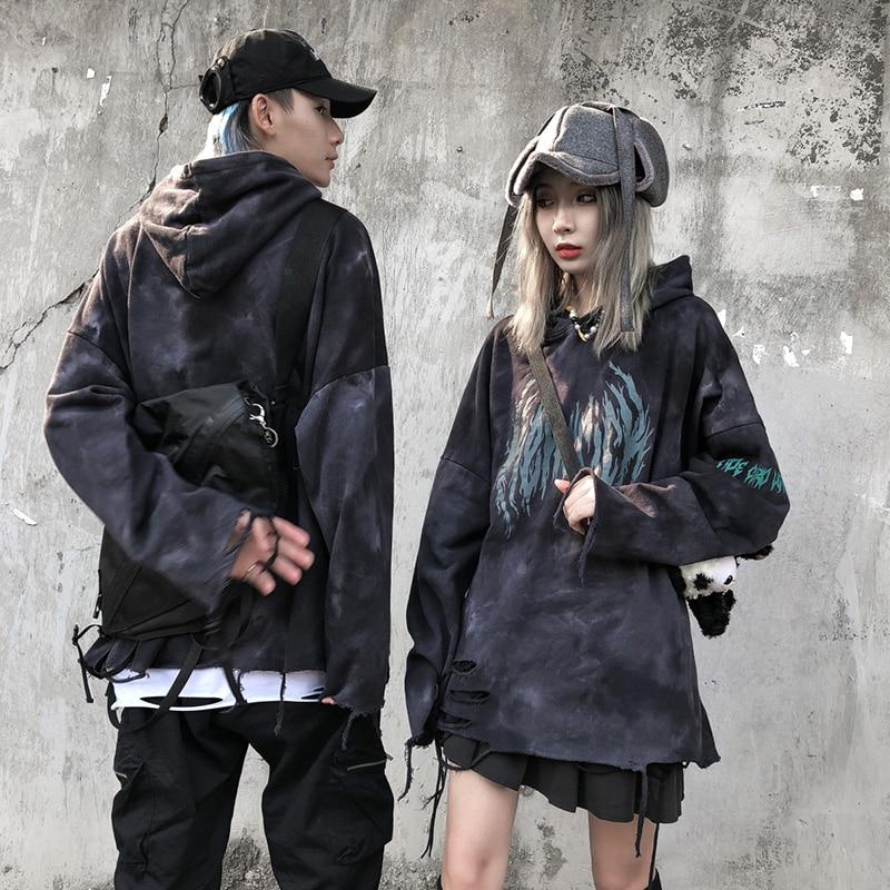 Men's tie-dye punk graphic hoodie with ripped details, perfect for autumn streetwear.