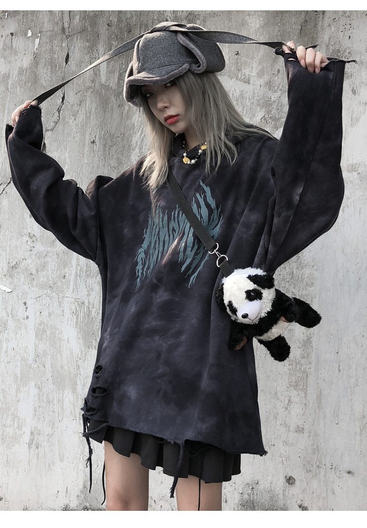 Men's tie-dye punk graphic hoodie with ripped details, perfect for autumn streetwear.