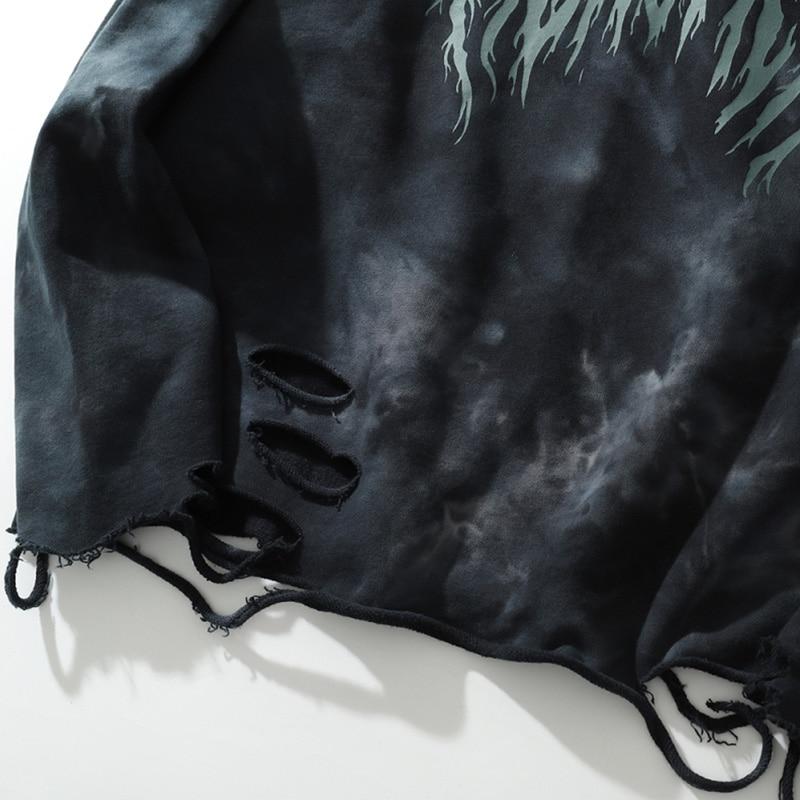 Men's tie-dye punk graphic hoodie with ripped details, perfect for autumn streetwear.