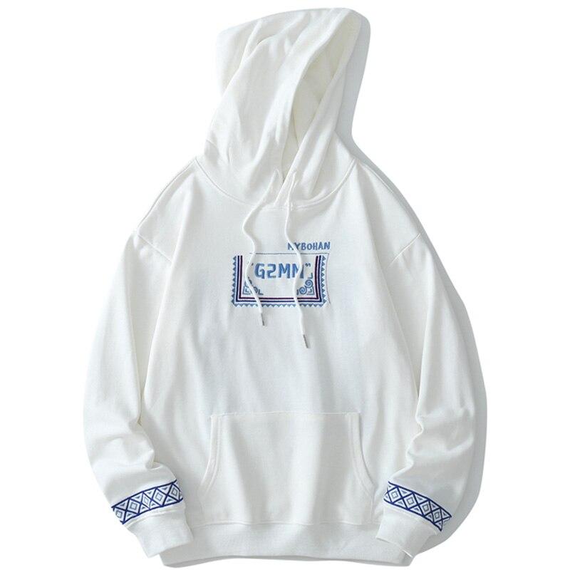 Men's vintage graphic letter embroidery hoodie in black and white, showcasing a stylish pullover design perfect for autumn and winter.