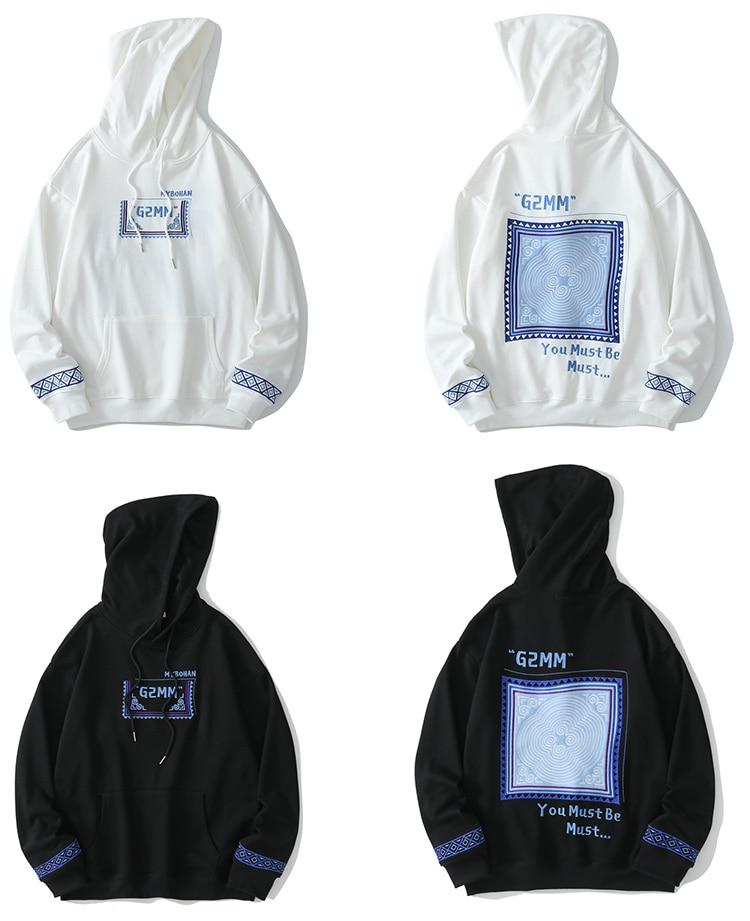 Men's vintage graphic letter embroidery hoodie in black and white, showcasing a stylish pullover design perfect for autumn and winter.