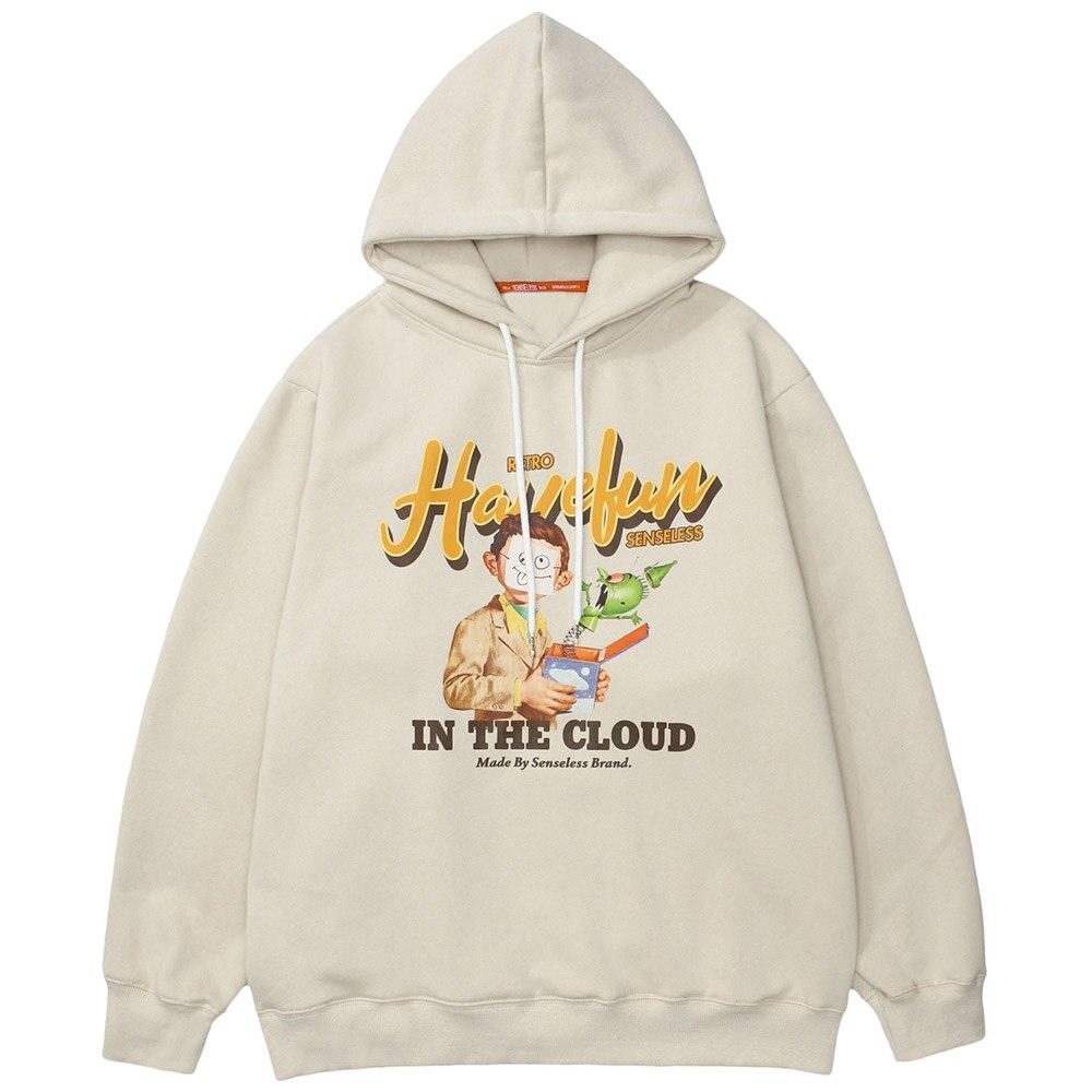 Men's funny boy punk letter fleece hoodie in apricot color, featuring a hood and full sleeves, perfect for casual streetwear.