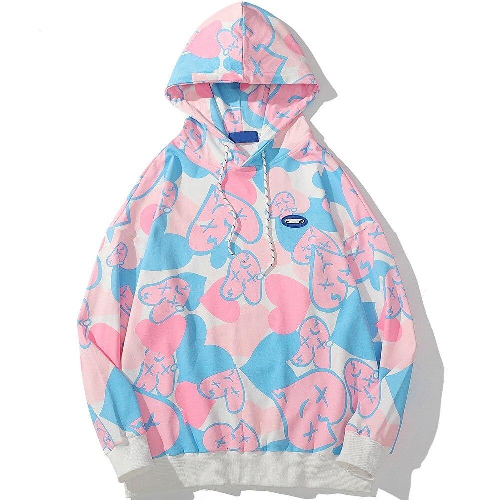 Men's hoodie featuring heart-shaped graffiti design in vibrant colors, perfect for autumn and winter streetwear.