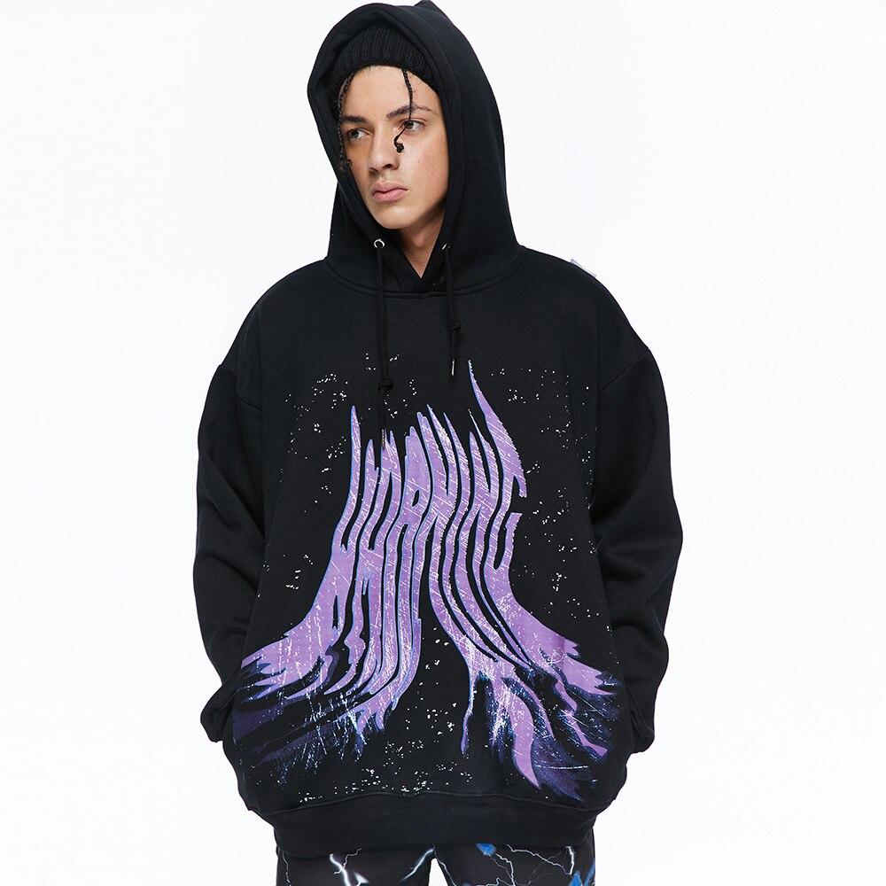 Men's hip hop hoodie featuring graffiti letter print, hooded design, and warm plus velvet lining, perfect for winter streetwear.