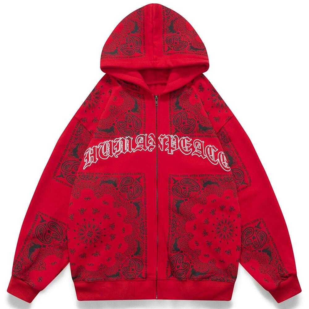 Men's vintage totems letter print zipper fleece hoodie in black and red, showcasing a stylish design suitable for casual streetwear.