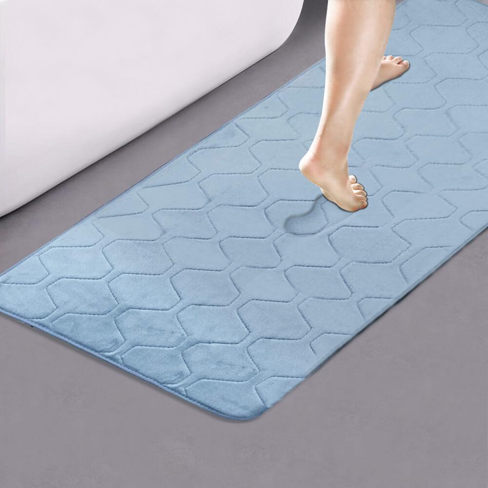 Light blue memory foam bathroom mat pad with non-slip backing, ideal for shower and floor use.
