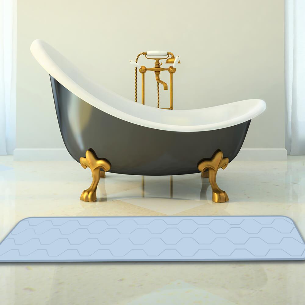 Light blue memory foam bathroom mat pad with non-slip backing, ideal for shower and floor use.