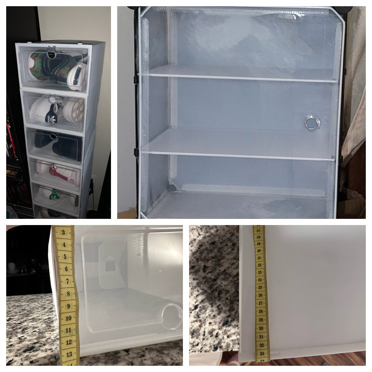 A stack of transparent plastic shoe boxes, showcasing their foldable and stackable design, ideal for organizing footwear.