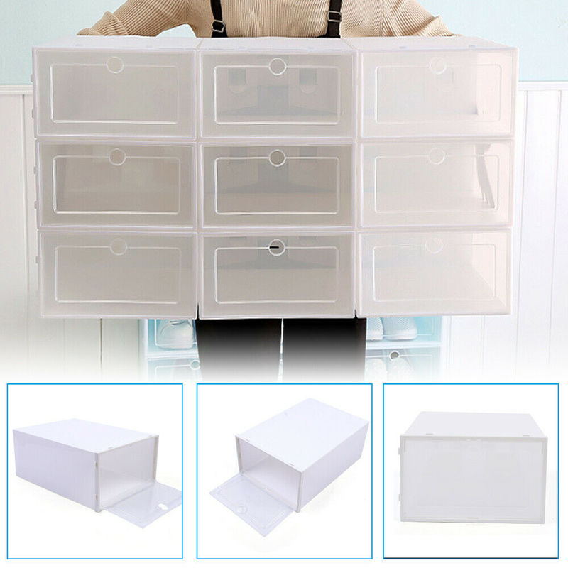 A stack of transparent plastic shoe boxes, showcasing their foldable and stackable design, ideal for organizing footwear.