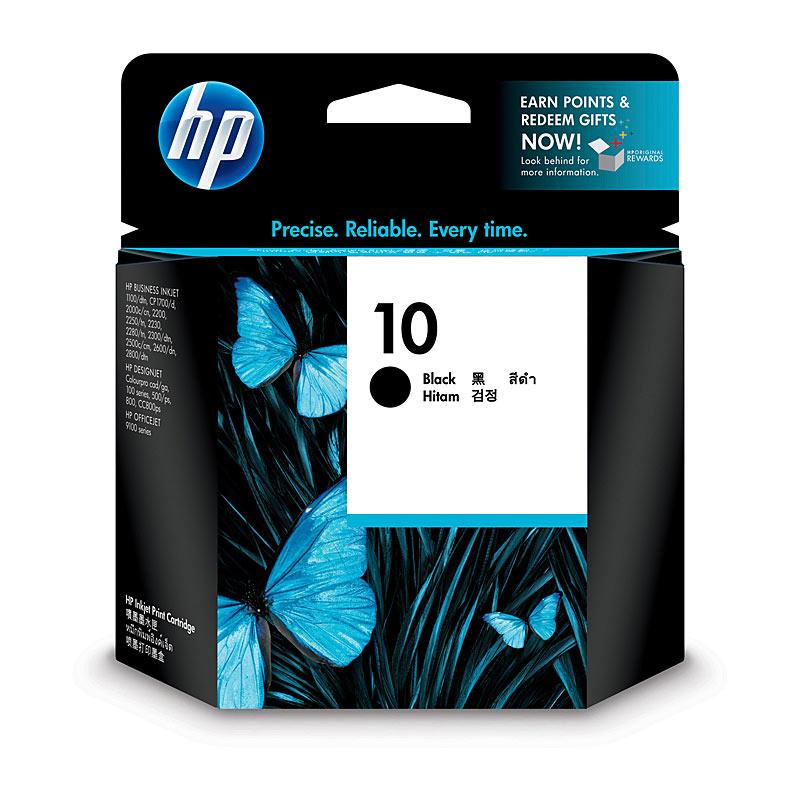 HP #10 Black Ink Cartridge C4844A, a genuine cartridge designed for high-quality printing, yielding up to 1,430 pages, compatible with various HP printers.