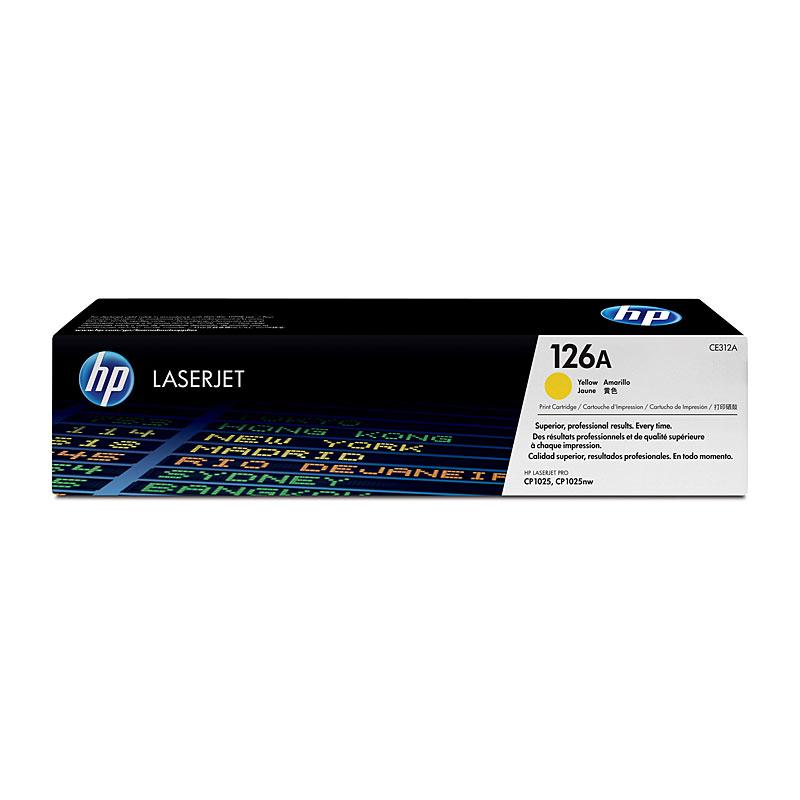 HP #126A Yellow Toner CE312A cartridge with vibrant yellow color, designed for high-quality printing.