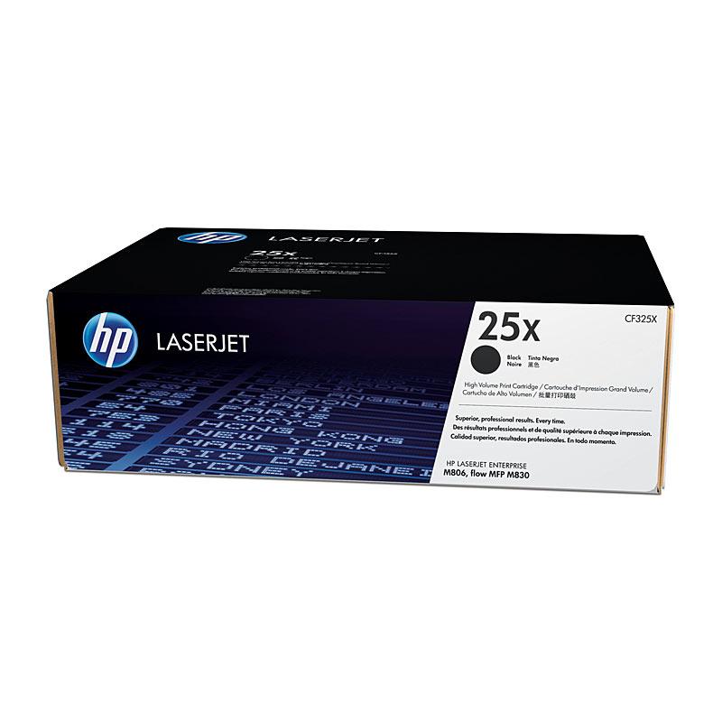 HP #25X Black Toner CF325X cartridge, designed for high-volume printing with a yield of 40,000 pages, compatible with HP LaserJet M806 series printers.