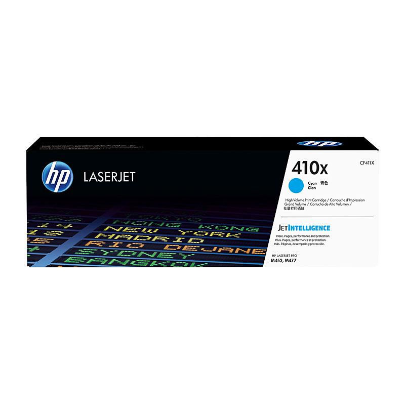 HP #410X Cyan Toner CF411X cartridge, vibrant cyan color, designed for high-quality printing.