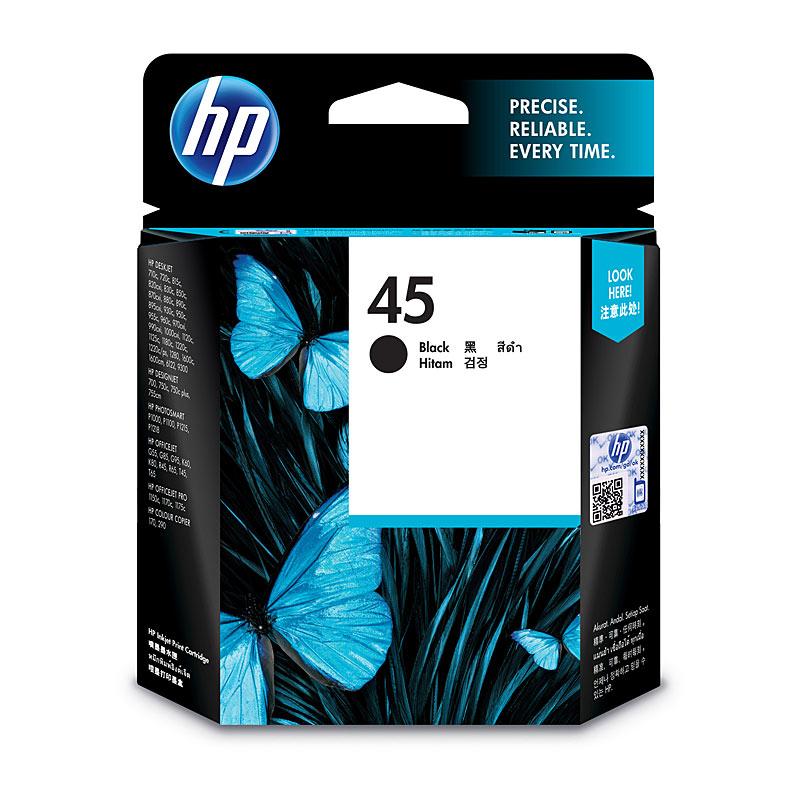 HP #45 Black Ink Cartridge 51645AA, designed for high-quality printing with a yield of 833 pages, compatible with various HP printers.