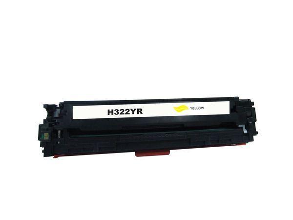 HP CE322 #128A Yellow Premium Remanufactured Toner cartridge with vibrant yellow color and eco-friendly design.