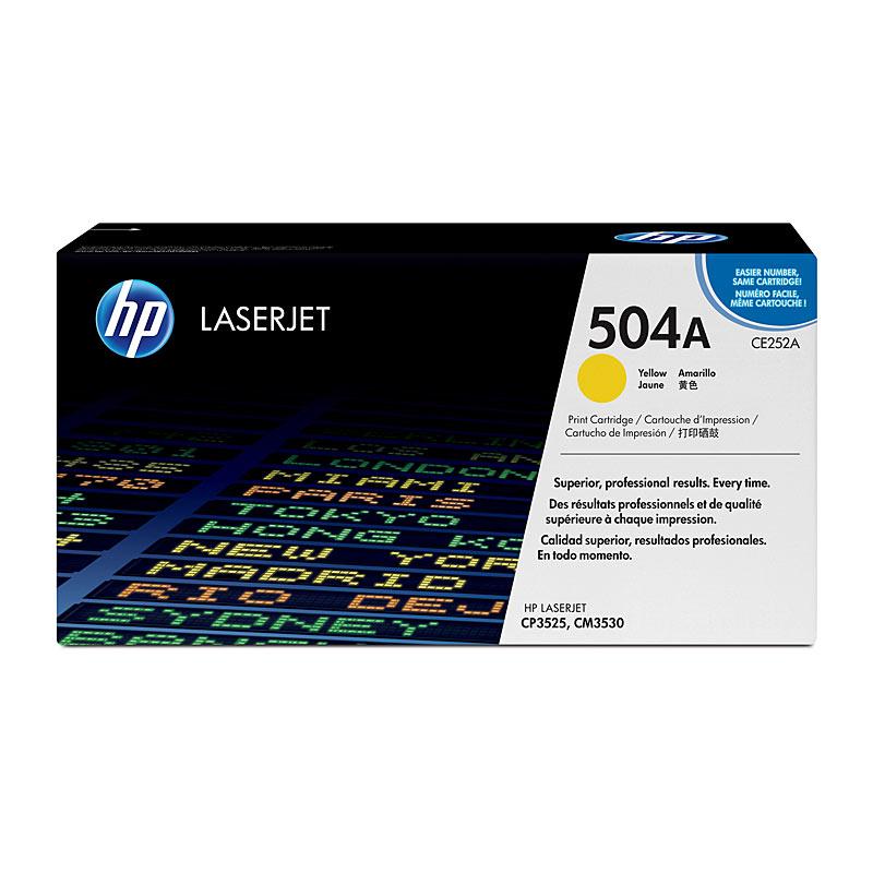 HP #504A Yellow Toner CE252A cartridge, designed for high-quality color printing with a yield of 7,000 pages.