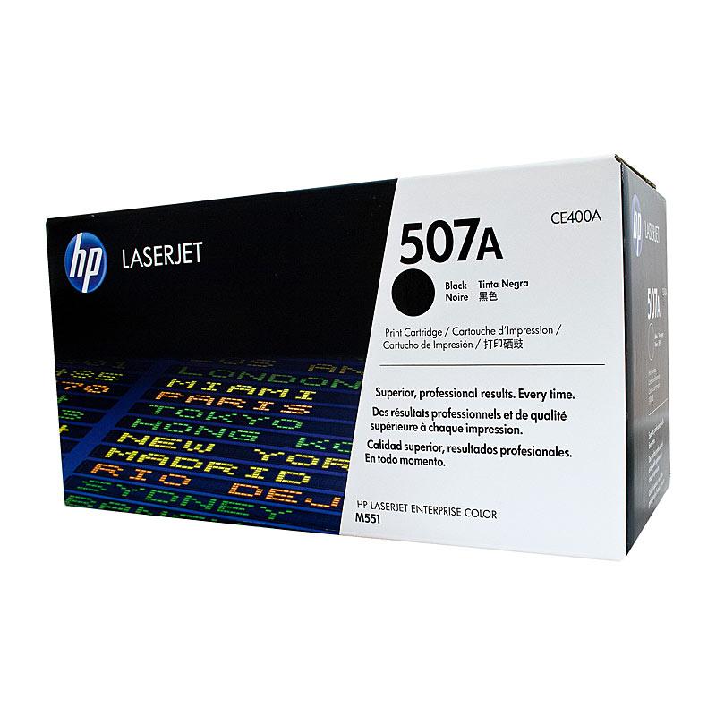 HP #507A Black Toner CE400A cartridge, designed for high-quality printing with a yield of 5,500 pages, compatible with various HP LaserJet printers.