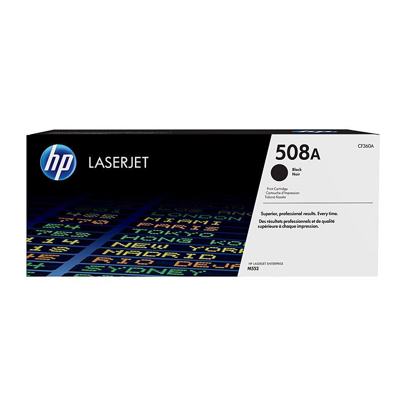 HP #508A Black Toner CF360A cartridge, designed for high-quality printing with a yield of 6,000 pages, compatible with various HP LaserJet printers.