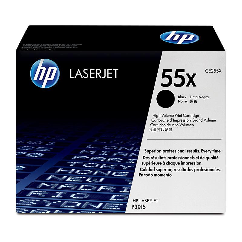 HP #55X Black Toner CE255X cartridge, designed for high-volume printing with a yield of 12,000 pages, compatible with multiple HP printers.