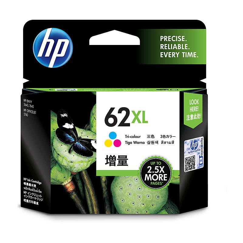 HP #62XL Tri Colour Ink C2P07AA cartridge with vibrant colors and packaging, designed for high-quality printing.