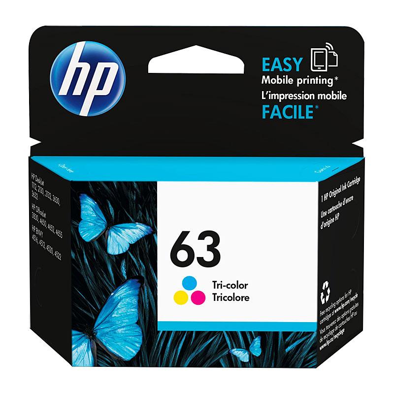 HP #63 Tri Colour Ink F6U61AA cartridge with vibrant colors, designed for various HP printers.