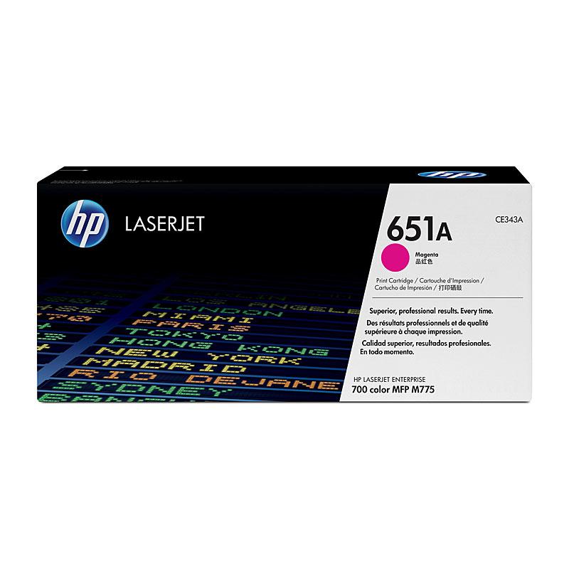 HP #651A Magenta Toner CE343A cartridge, designed for high-quality printing with a yield of 16,000 pages, compatible with HP LaserJet printers.