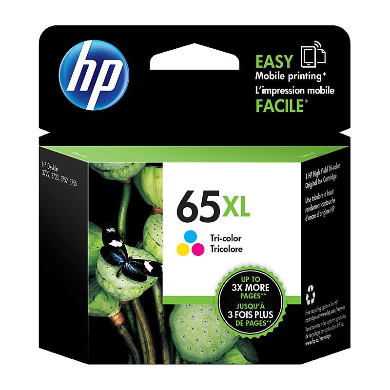HP #65XL Tri Colour Ink N9K03AA cartridge with vibrant colors, designed for high-quality printing.