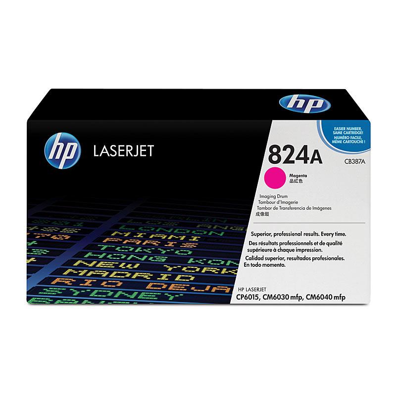 HP #824A Magenta Drum CB387A cartridge, designed for high-quality printing with a yield of 35,000 pages, compatible with various HP Color LaserJet printers.