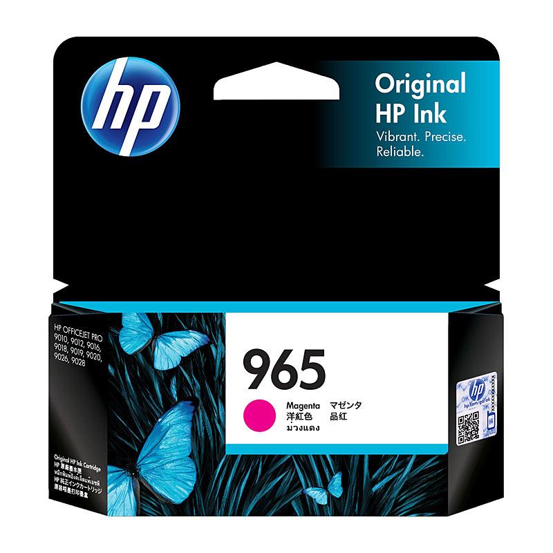 HP #965 Magenta Ink cartridge 3JA78AA, showcasing vibrant magenta color and sleek design, ideal for high-quality printing.