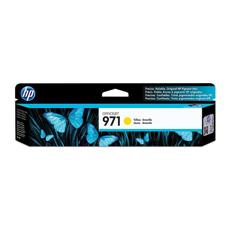 HP #971 Yellow Ink Cartridge CN624AA with packaging, designed for vibrant printing.