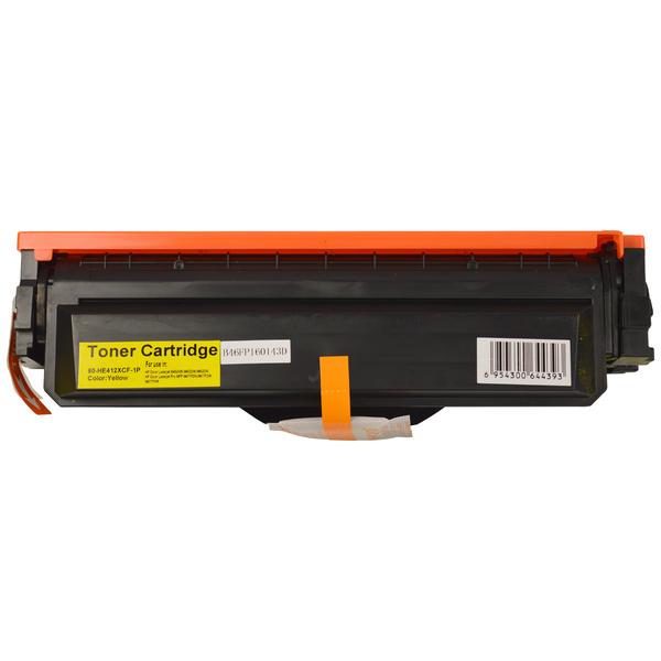 HP CF412X #410X Premium Generic Yellow Toner Cartridge, showcasing its vibrant yellow color and sleek design.