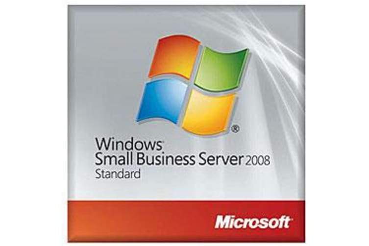 HP Microsoft Windows Small Business Server 2008 Standard software box with branding and features highlighted.