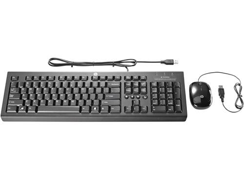 HP USB Essential Keyboard Mouse Combo in black, featuring a full-sized keyboard with number pad and a USB mouse with scroll wheel.