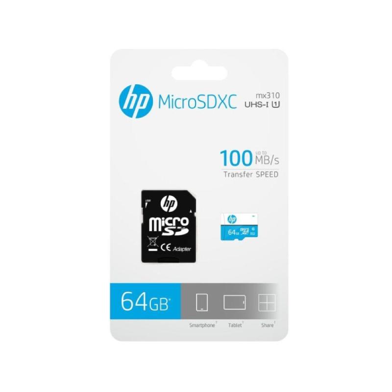 HP uSD U1 64GB microSD card with a sleek design, ideal for expanding storage in devices.