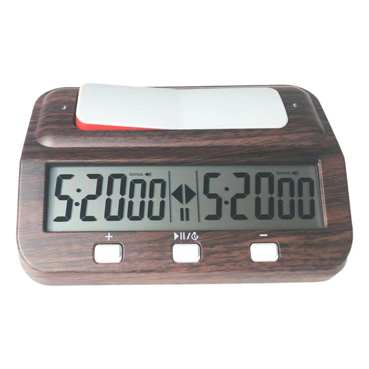HQT101w Plastic Chess Clock with wood grain finish, featuring a large LCD display and two independent chips for chess timing.