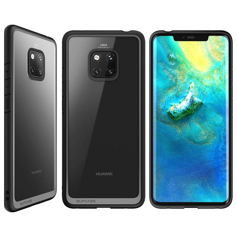 Huawei Mate 20 Pro Case in black and blue, showcasing a slim design with a clear back and TPU bumper for anti-knock protection.